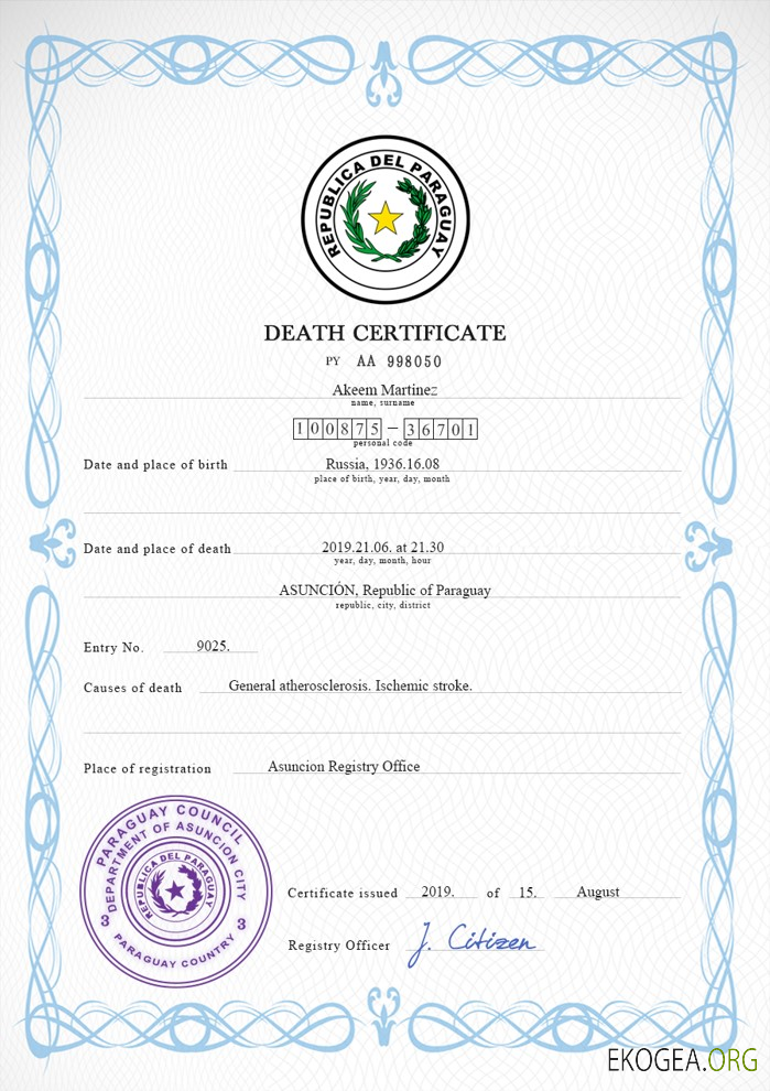 Modèle PSD de certificat de décès de l'état civil du Paraguay